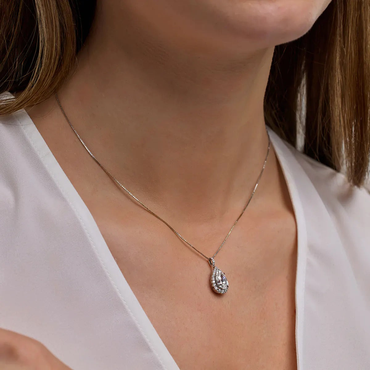Badgley Mischka Near-Colorless 2 1/4 ctw Pear Moissanite Diamond Halo Pendant with Adjustable Chain