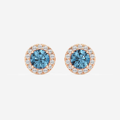 Round Moissanite Diamond Fancy Blue Halo Stud Earrings