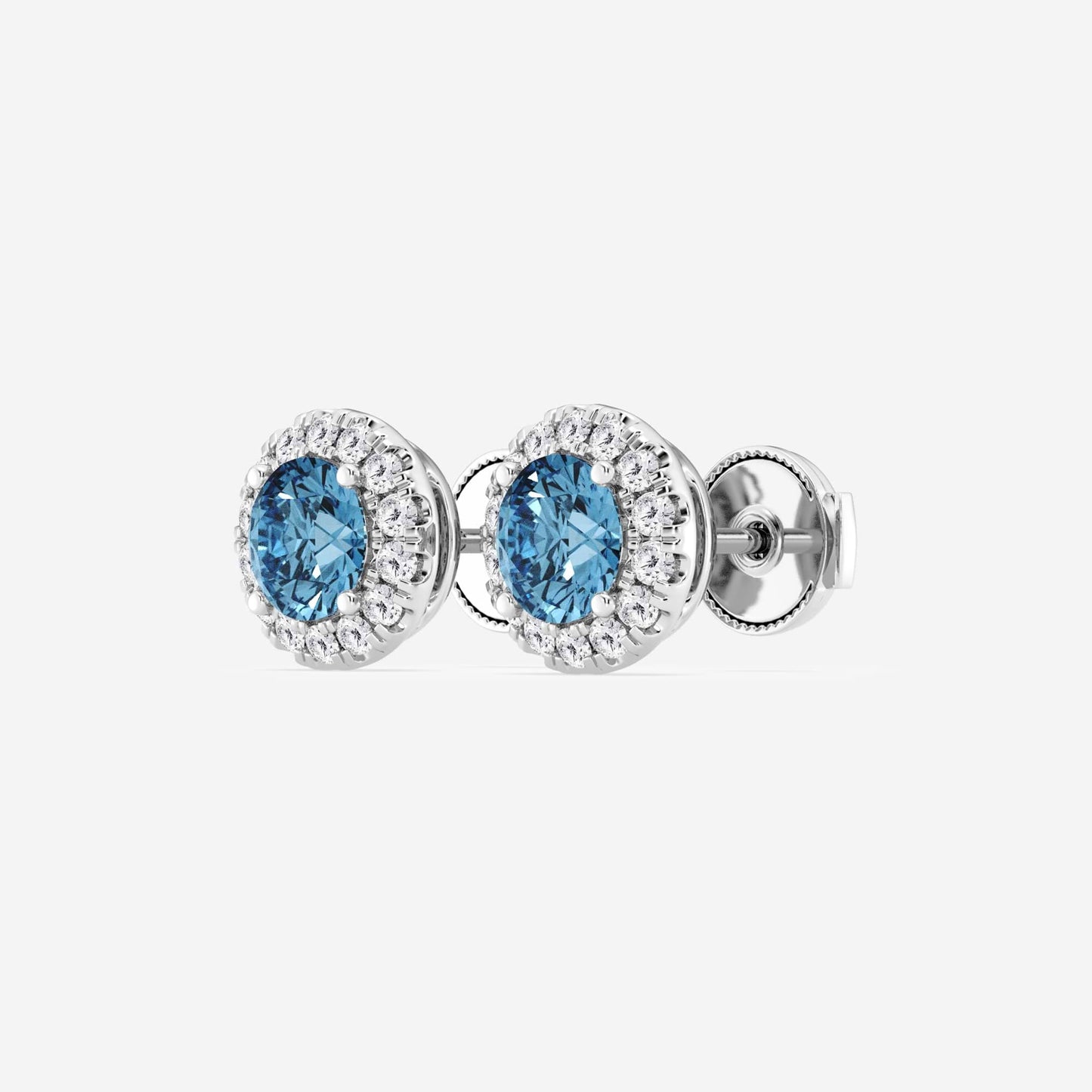 Round Moissanite Diamond Fancy Blue Halo Stud Earrings