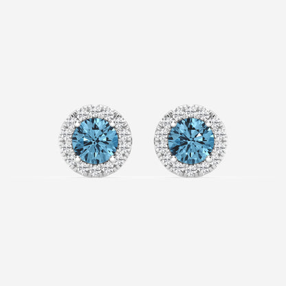 Round Moissanite Diamond Fancy Blue Halo Stud Earrings