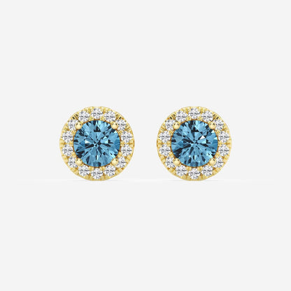 Round Moissanite Diamond Fancy Blue Halo Stud Earrings